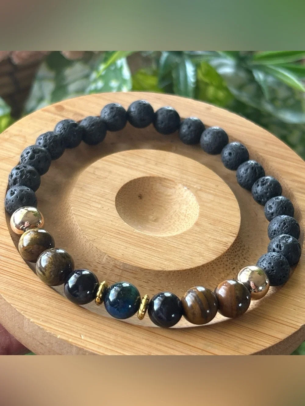 Lava Stone and Tiger Eye Beaded Stretch Bracelet - Blue Black & Brown